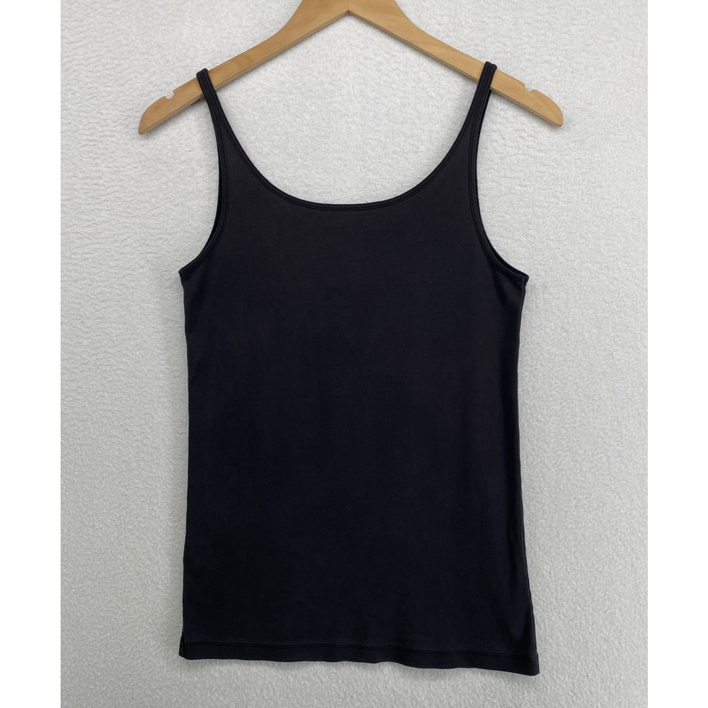 EILEEN FISHER Tank Top M Organic Cotton Ribbed Jersey Cami Slim Scoop Neck Black - Picture 3 of 10